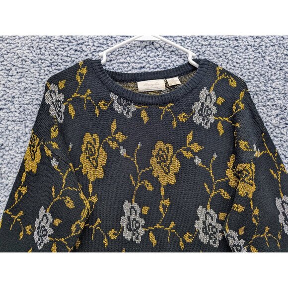 VTG Margules Floral Sweater Size Medium Metallic Knit Cottagecore 90s Black Gold - Picture 3 of 10